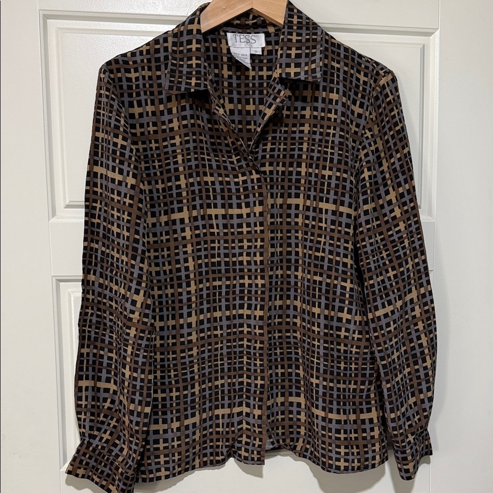 Tess Vintage Plaid silk Shirt - Black and Brown geometric top blouse